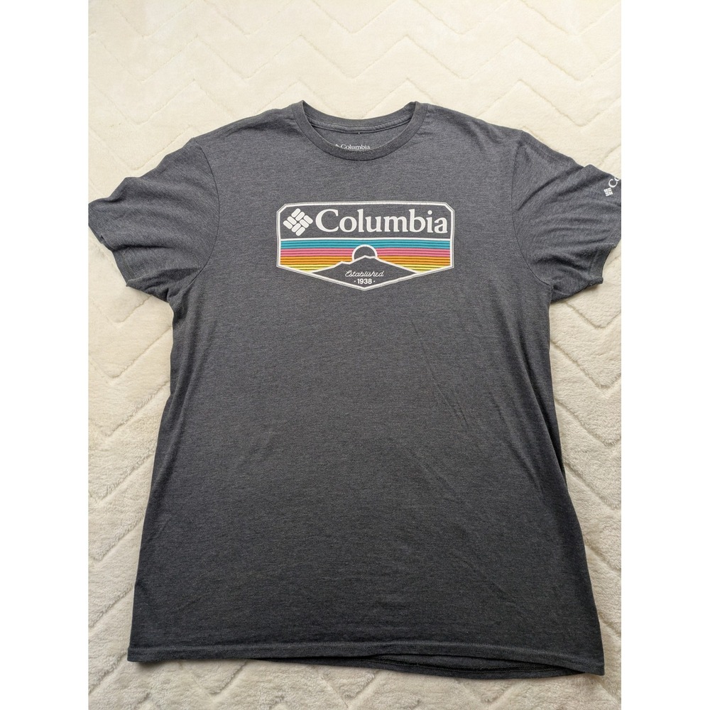Columbia Mens Graphic T-Shirt Charcoal Gray Retro Logo Short Sleeve Large